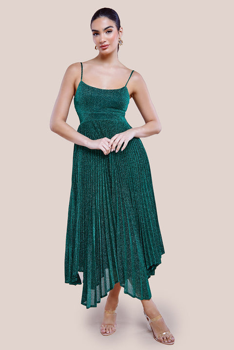 Goddiva Tie Back Pleated Lurex Skater Midi Dress - Emerald