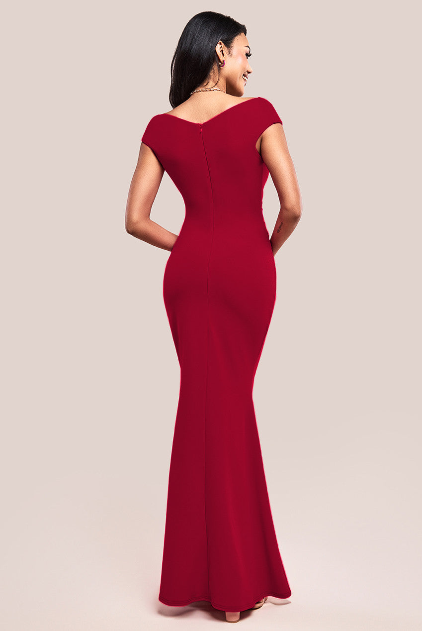 Goddiva Bardot Pleated Maxi Dress - Wine