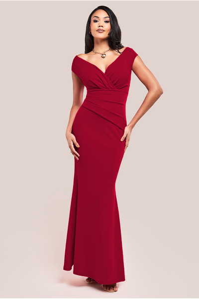 Wine - Goddiva Bardot Pleated Maxi Dress - Wine