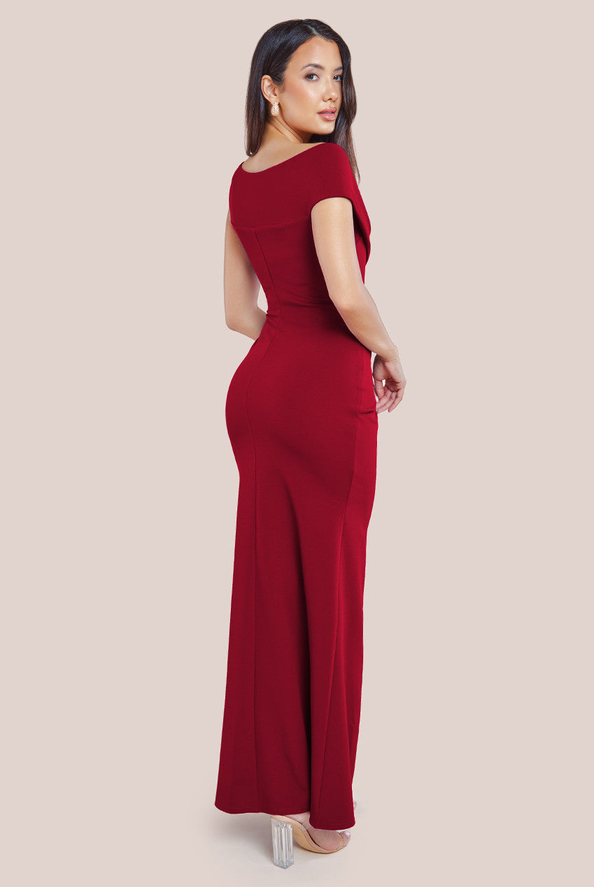 Goddiva Scuba Crepe  Off The Shoulder Maxi - Wine