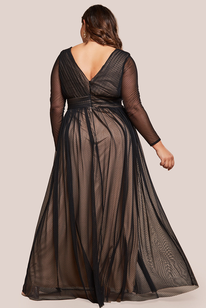 Goddiva Plus Corsage Dobby Mesh A-Line Maxi Dress - Black