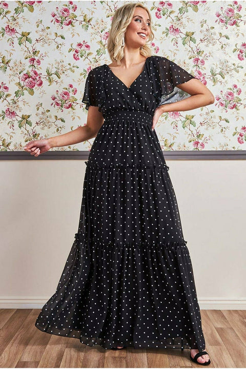 Goddiva Polka Dot Tiered Chiffon Maxi Dress - Black