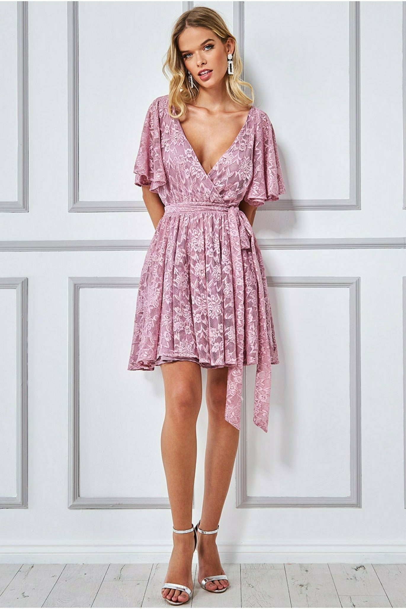 Goddiva Lace Kimono Wrap Skater Mini Dress - Mauve