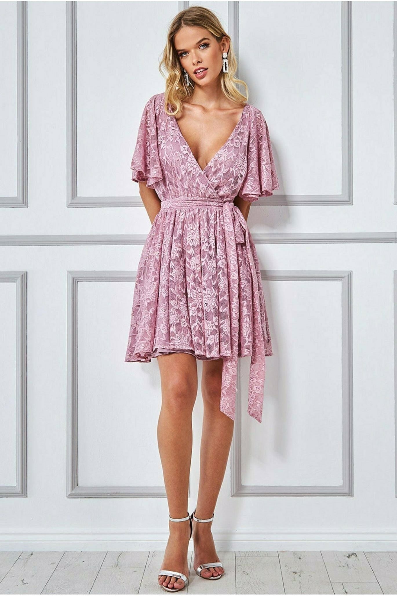 Goddiva Lace Kimono Wrap Skater Mini Dress - Mauve