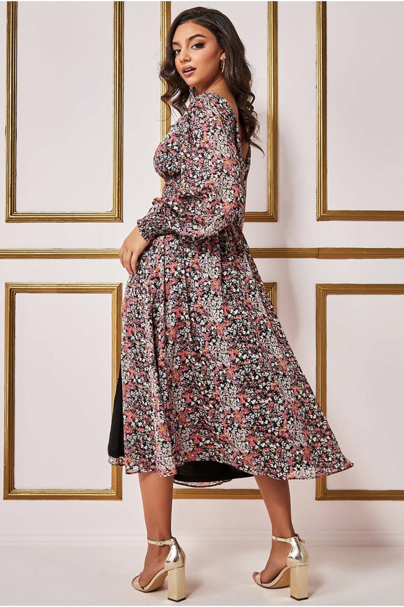 Goddiva Long Sleeve Midi Shirred Waistband - Floral Print