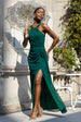 Goddiva Halterneck Thigh Split Chiffon Maxi Dress - Emerald Green