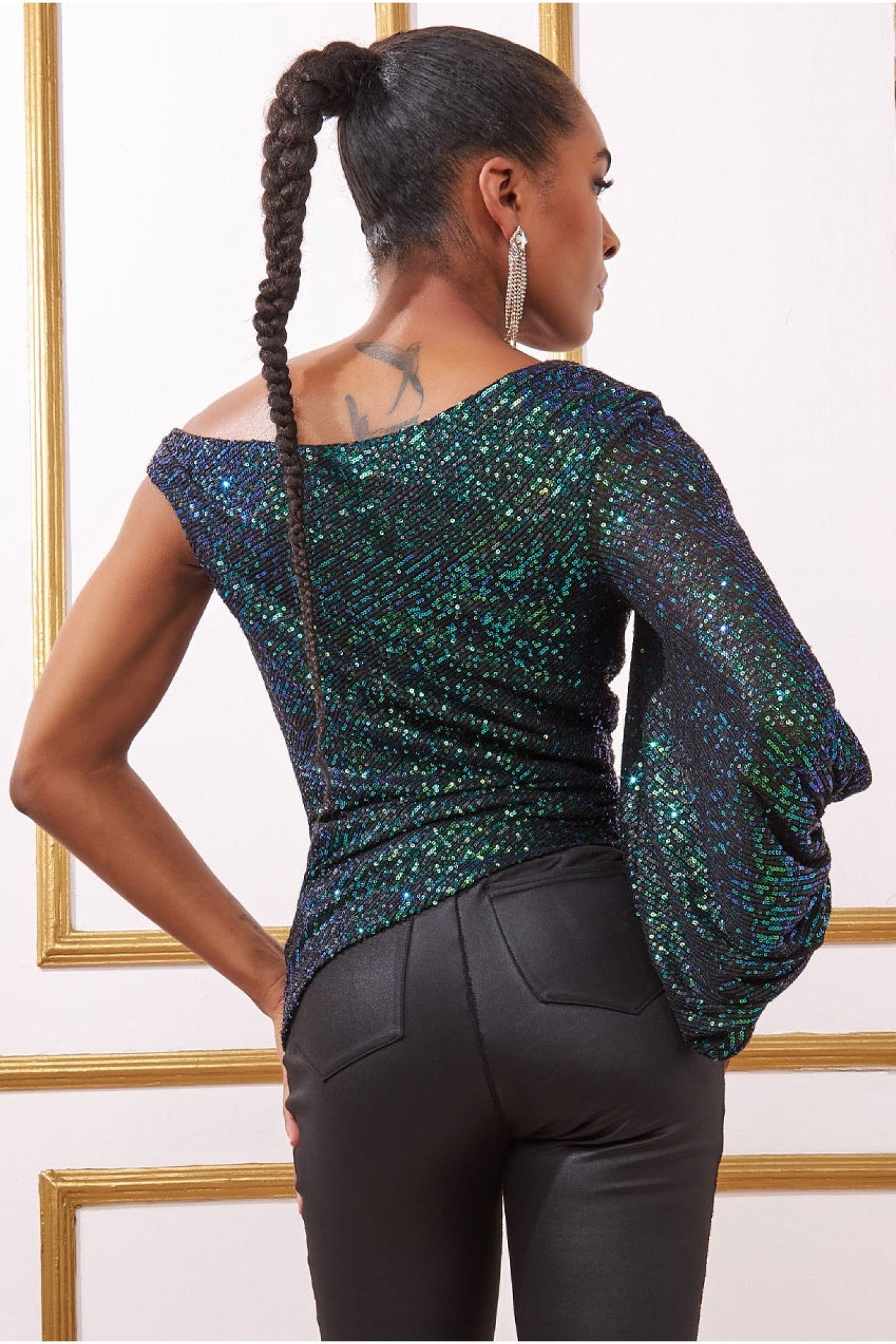 Goddiva Asymmetric Sequin Balloon Sleeve Top - Emerald