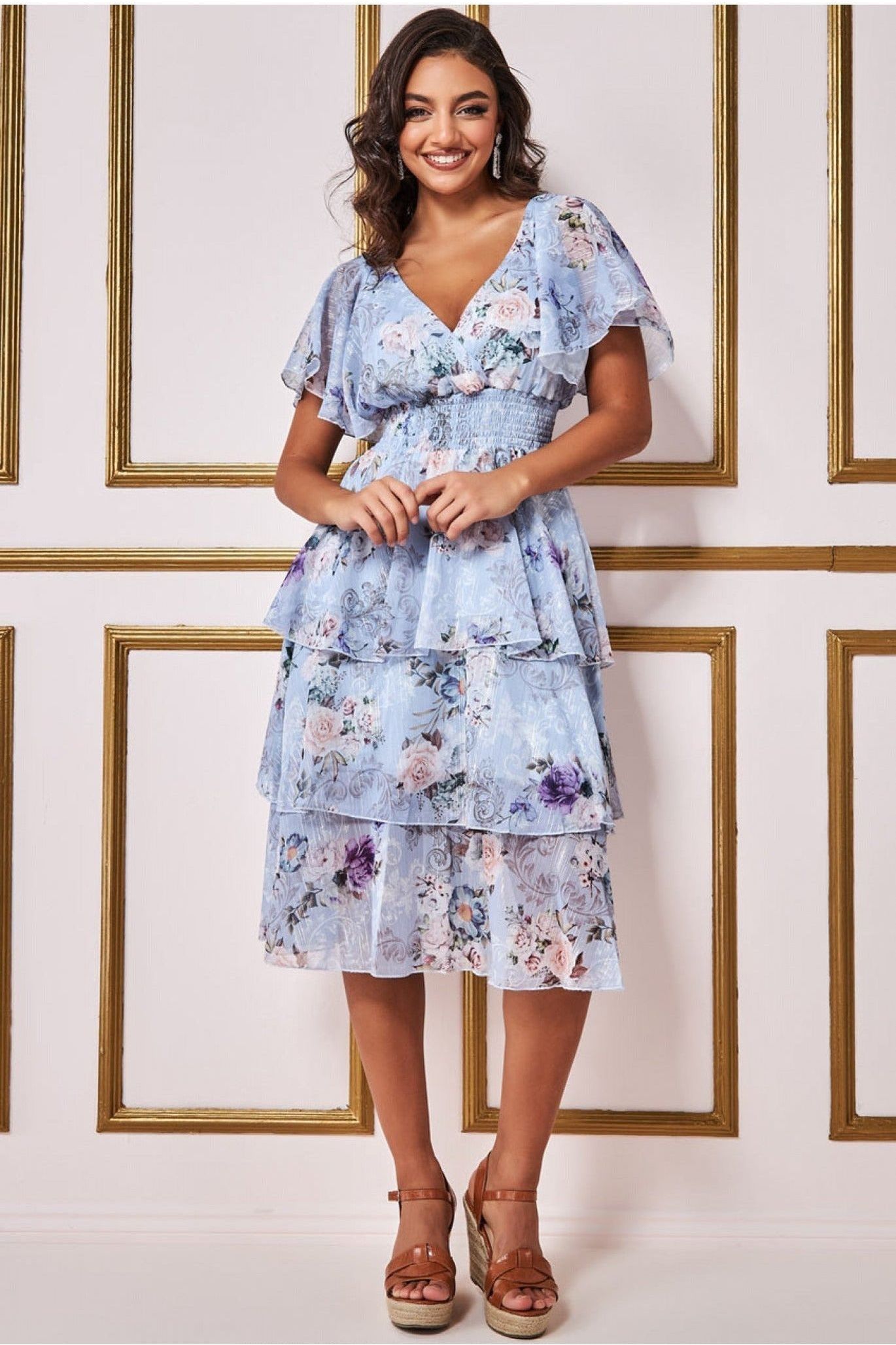 Goddiva Layered Floral Midi Flutter Sleeves - Blue Floral