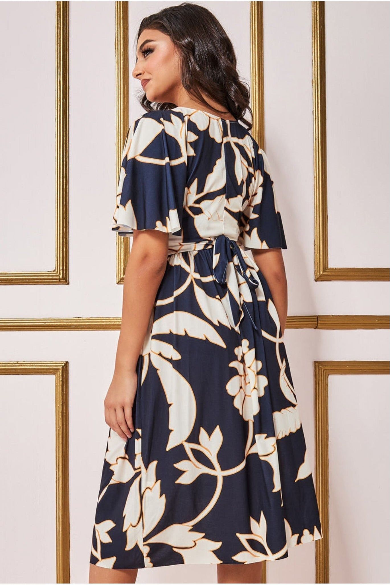 Goddiva Leaf Print Flutter Sleeve Midi - Navy