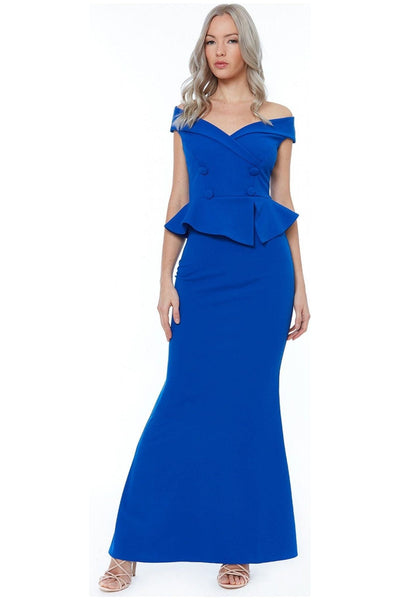 Vividblue - Goddiva Bardot Crossover Maxi Dress - Vividblue