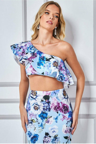 LightBlue - Goddiva One Shoulder Floral Crop Top - Light Blue
