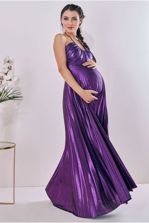 Goddiva Maternity Pleated Foil Tie Back Maxi Purple