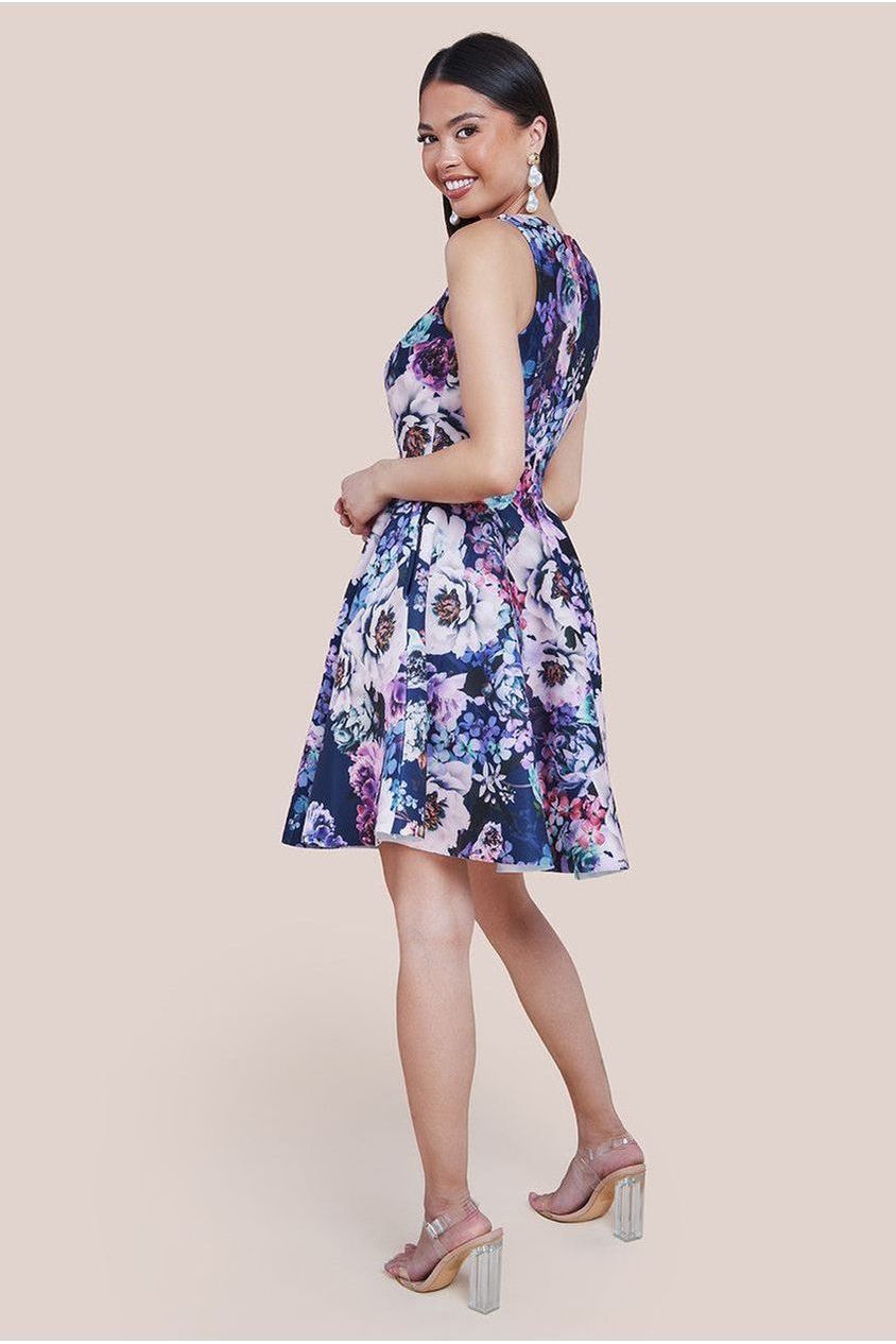 Goddiva Scuba Foam Floral Skater Mini Dress - Navy