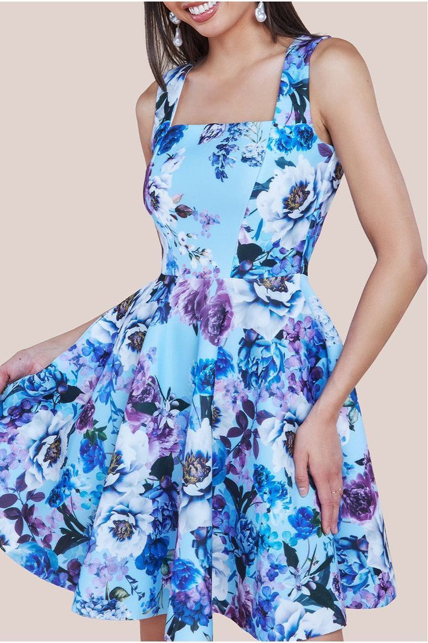 Goddiva Scuba Foam Floral Skater Mini Dress - Blue