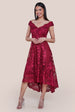 Goddiva Embroidered Lace Midi Dress With Asymmetrical Hem - Wine