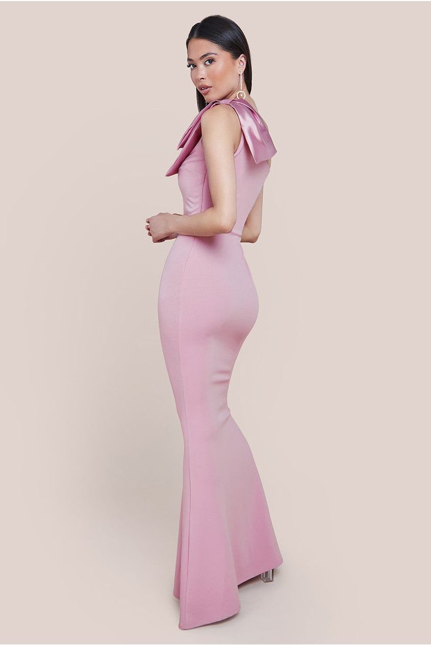 Goddiva One Shoulder Satin Bow Scuba Crepe Maxi Dress - Blush