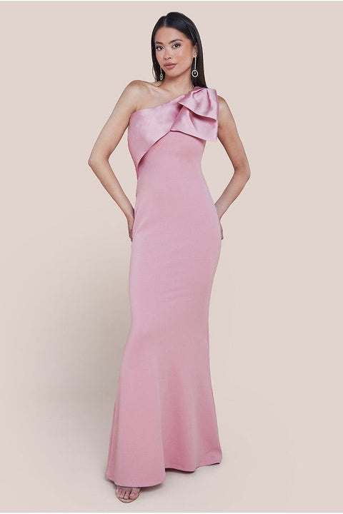 Goddiva One Shoulder Satin Bow Scuba Crepe Maxi Dress - Blush