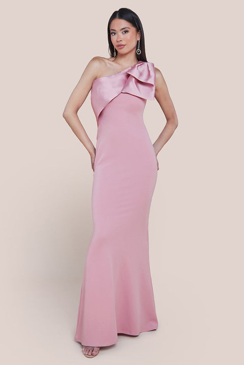 Goddiva One Shoulder Satin Bow Scuba Crepe Maxi Dress - Blush