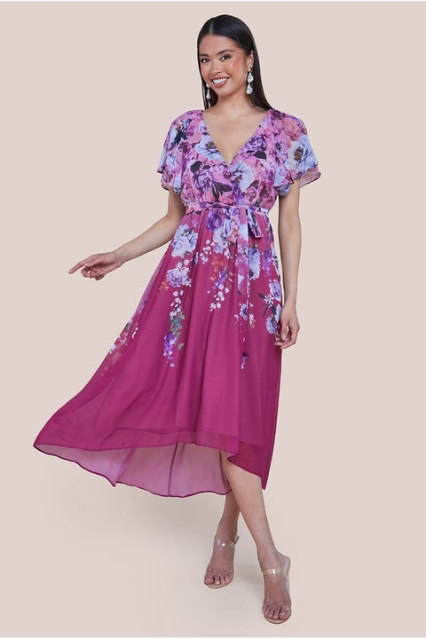 Goddiva Flutter Sleeve A-Line Chiffon Floral Printed Midi Dress - Magenta