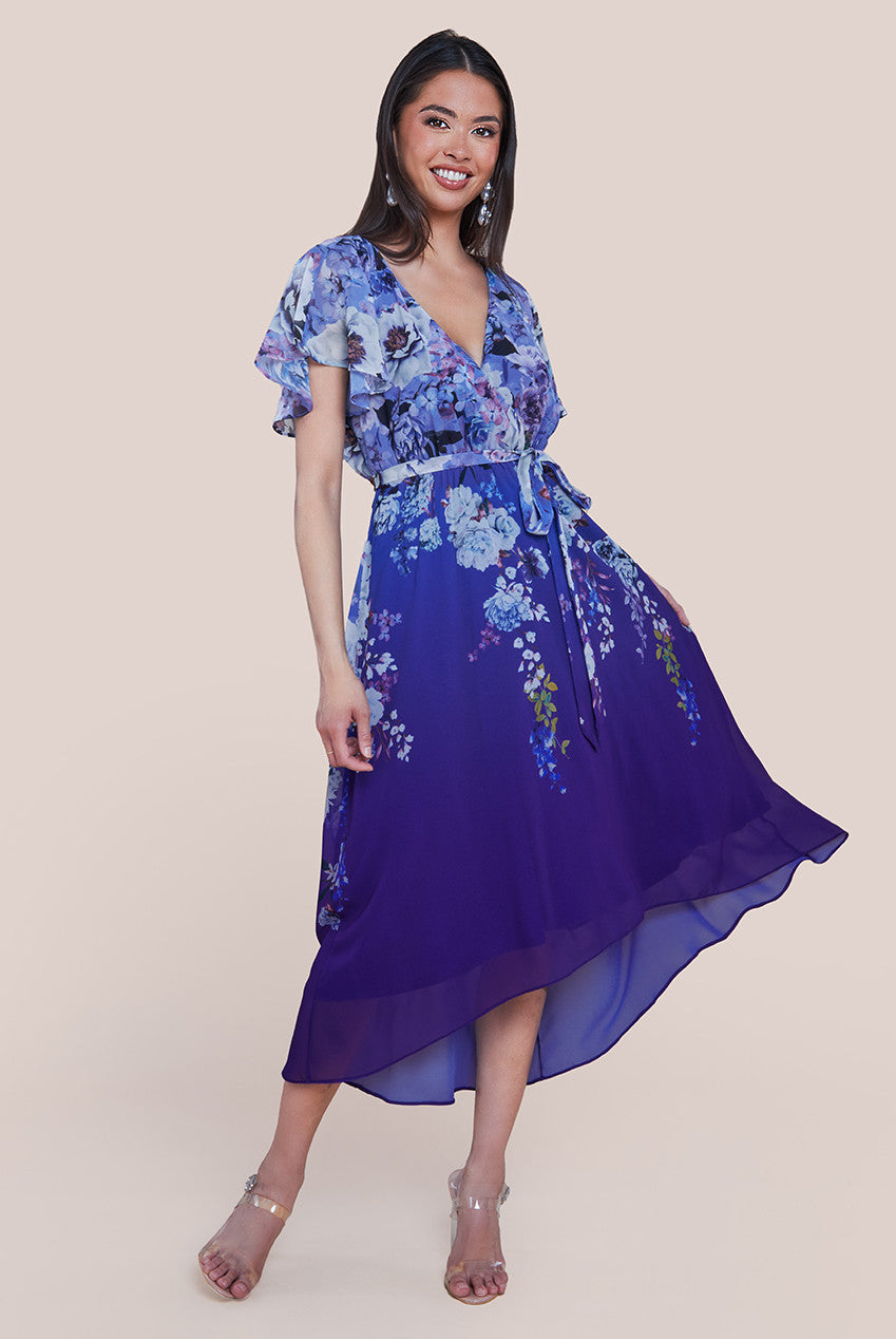 Goddiva Flutter Sleeve A-Line Chiffon Floral Printed Midi Dress - Royal Blue