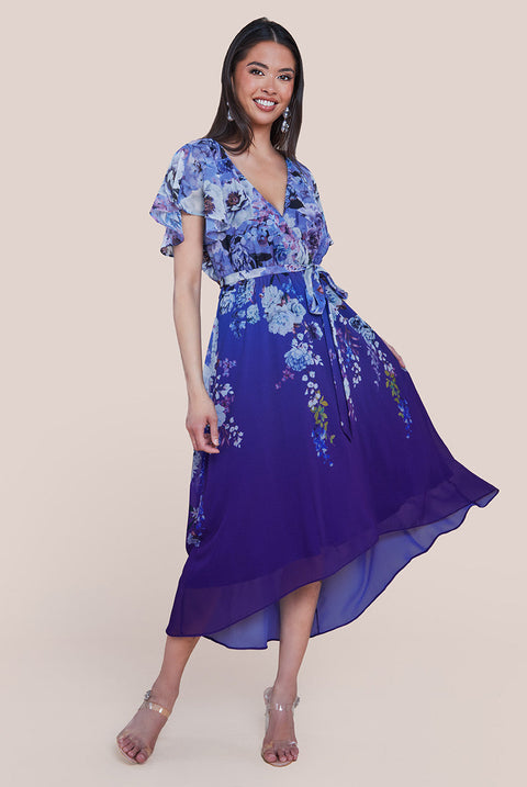 Goddiva Flutter Sleeve A-Line Chiffon Floral Printed Midi Dress - Royal Blue