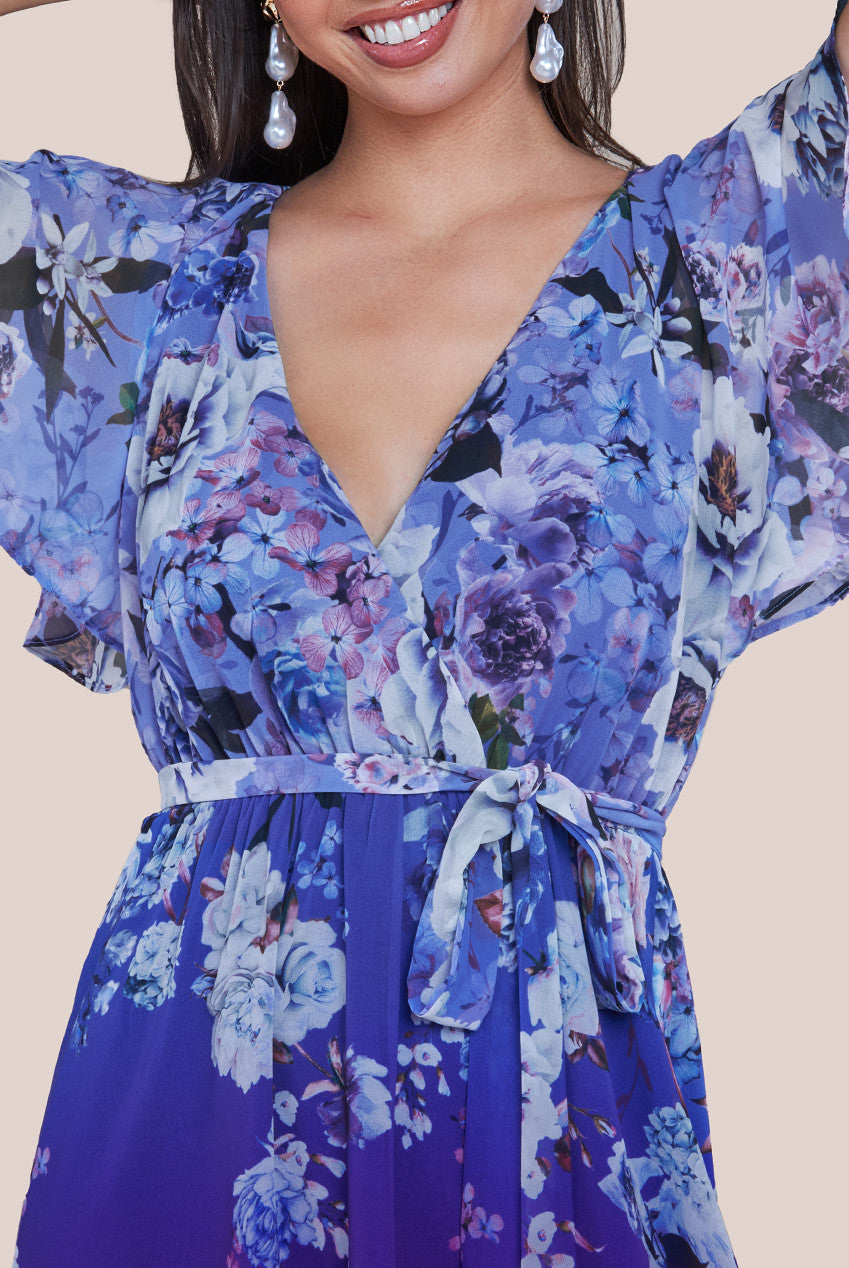 Goddiva Flutter Sleeve A-Line Chiffon Floral Printed Midi Dress - Royal Blue