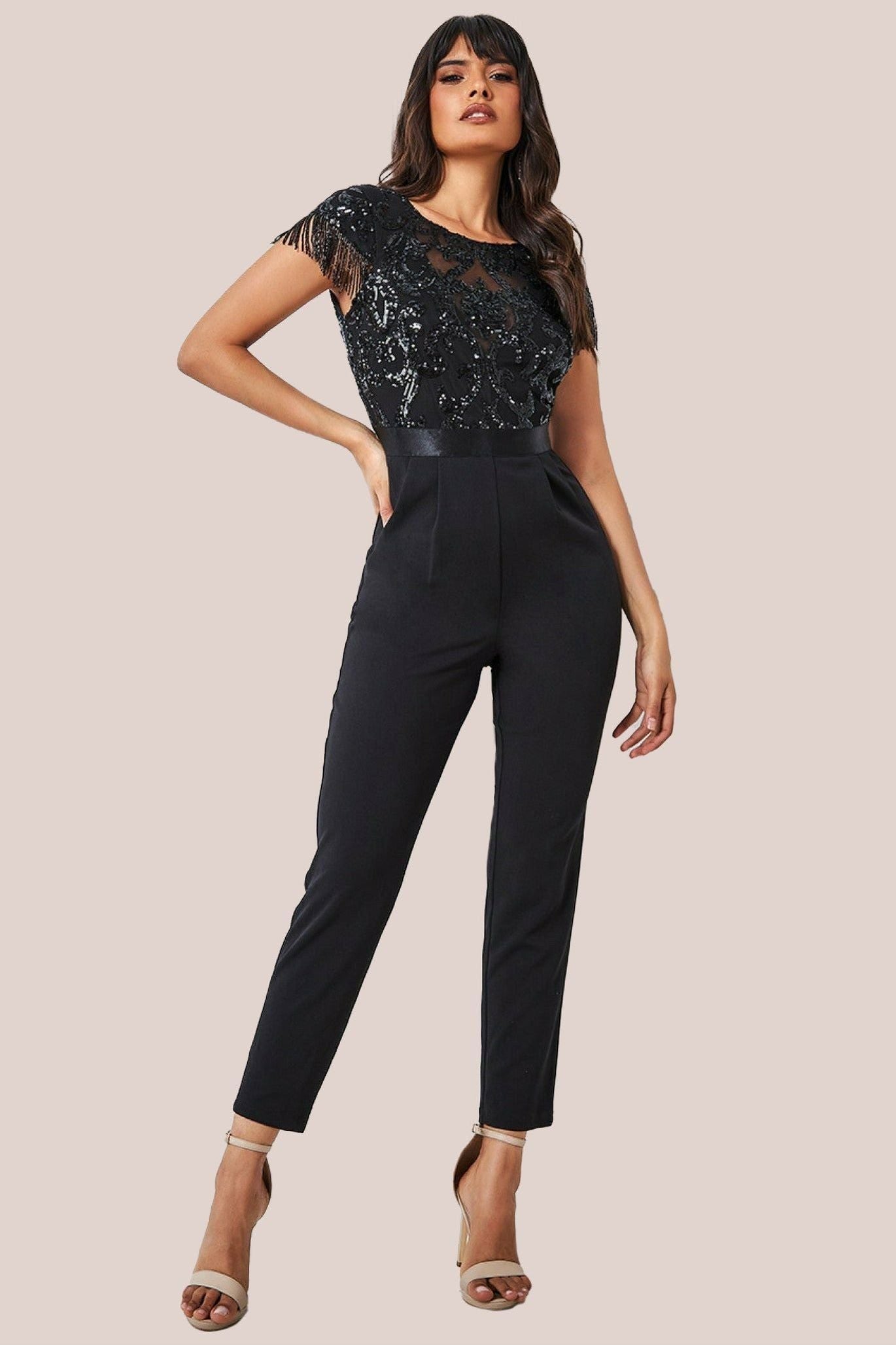 Goddiva Tassel Sequin Romper - Black