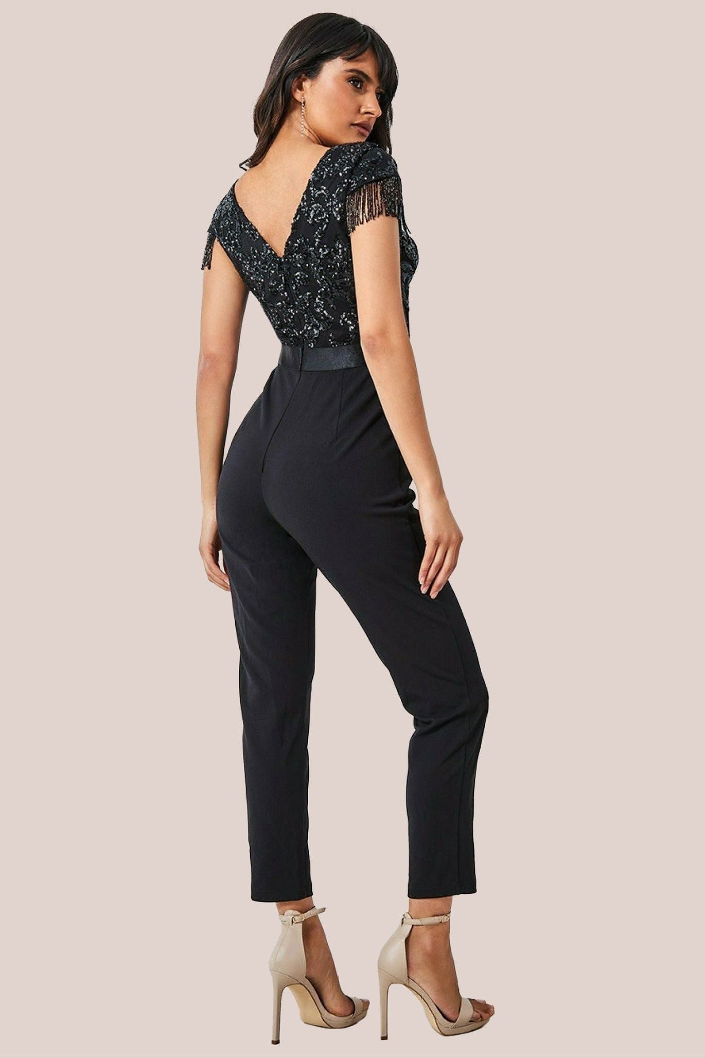 Goddiva Tassel Sequin Romper - Black