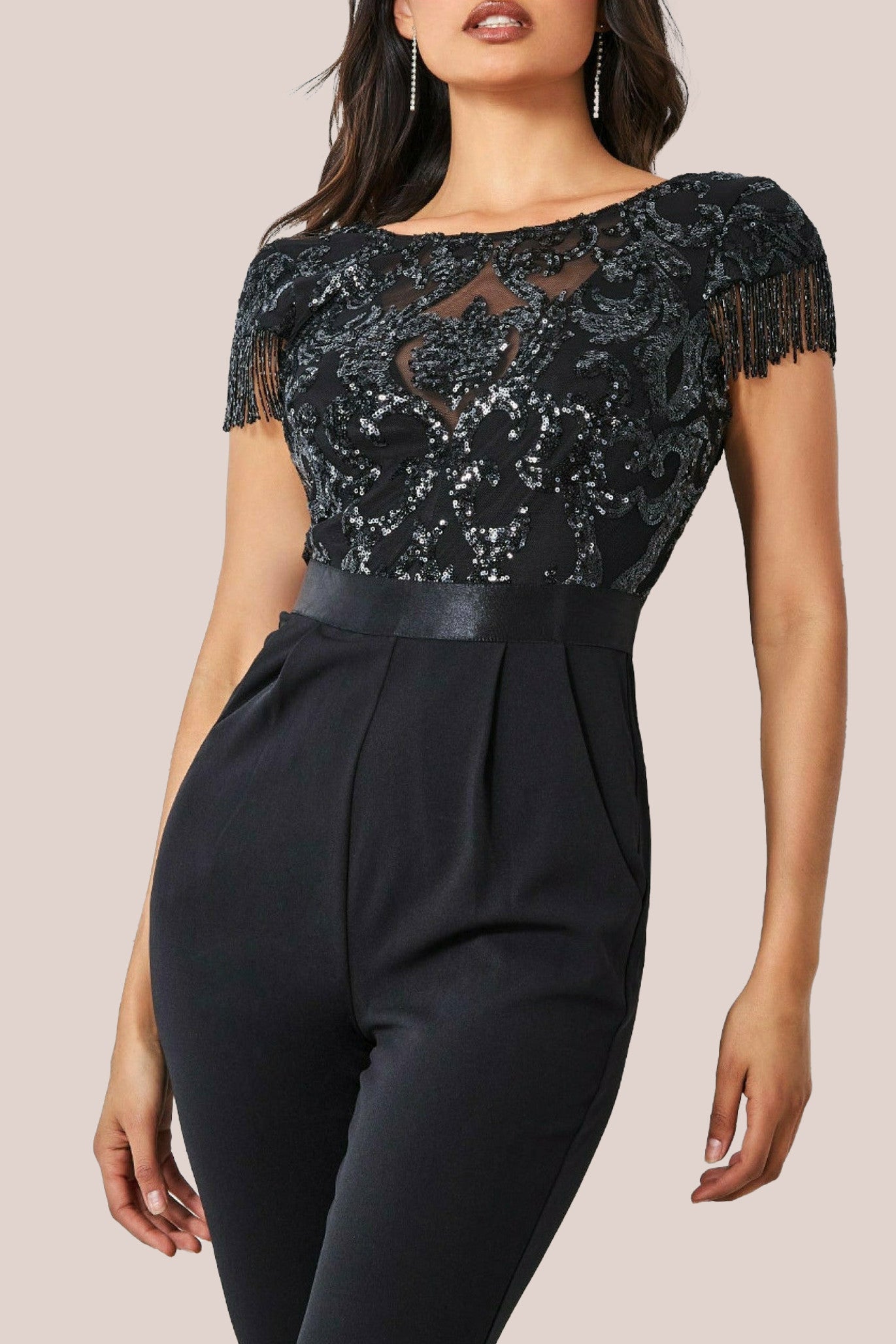 Goddiva Tassel Sequin Romper - Black