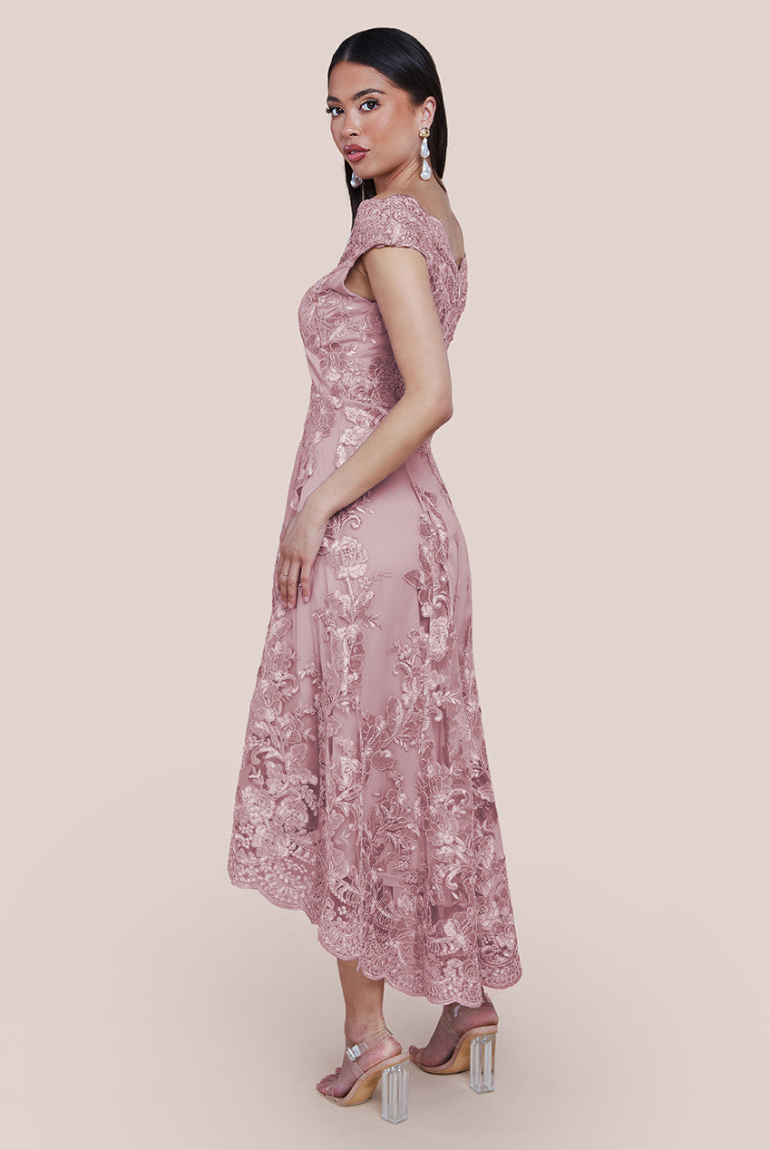 Goddiva Embroidered Lace Midi Dress With Asymmetrical Hem - Blush