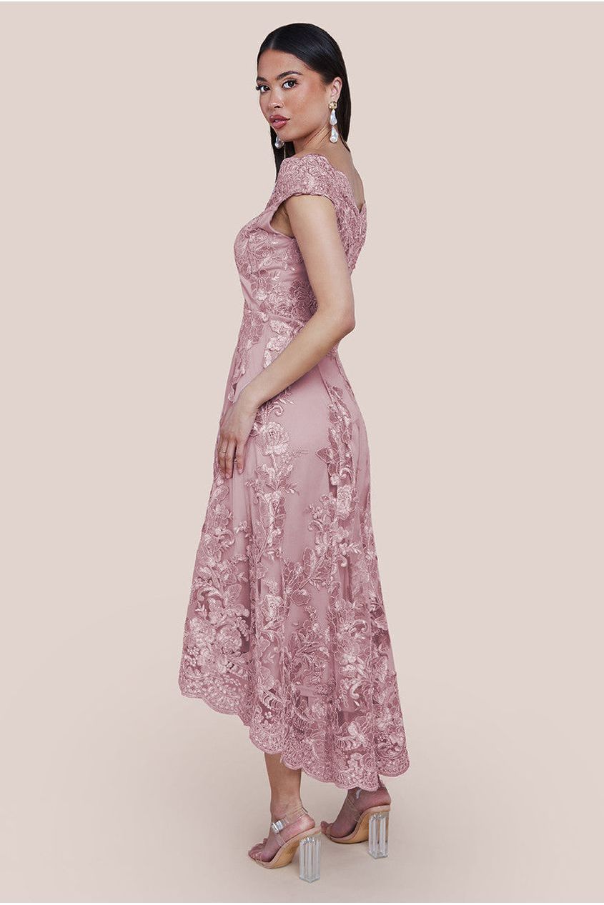 Goddiva Embroidered Lace Midi Dress With Asymmetrical Hem - Blush