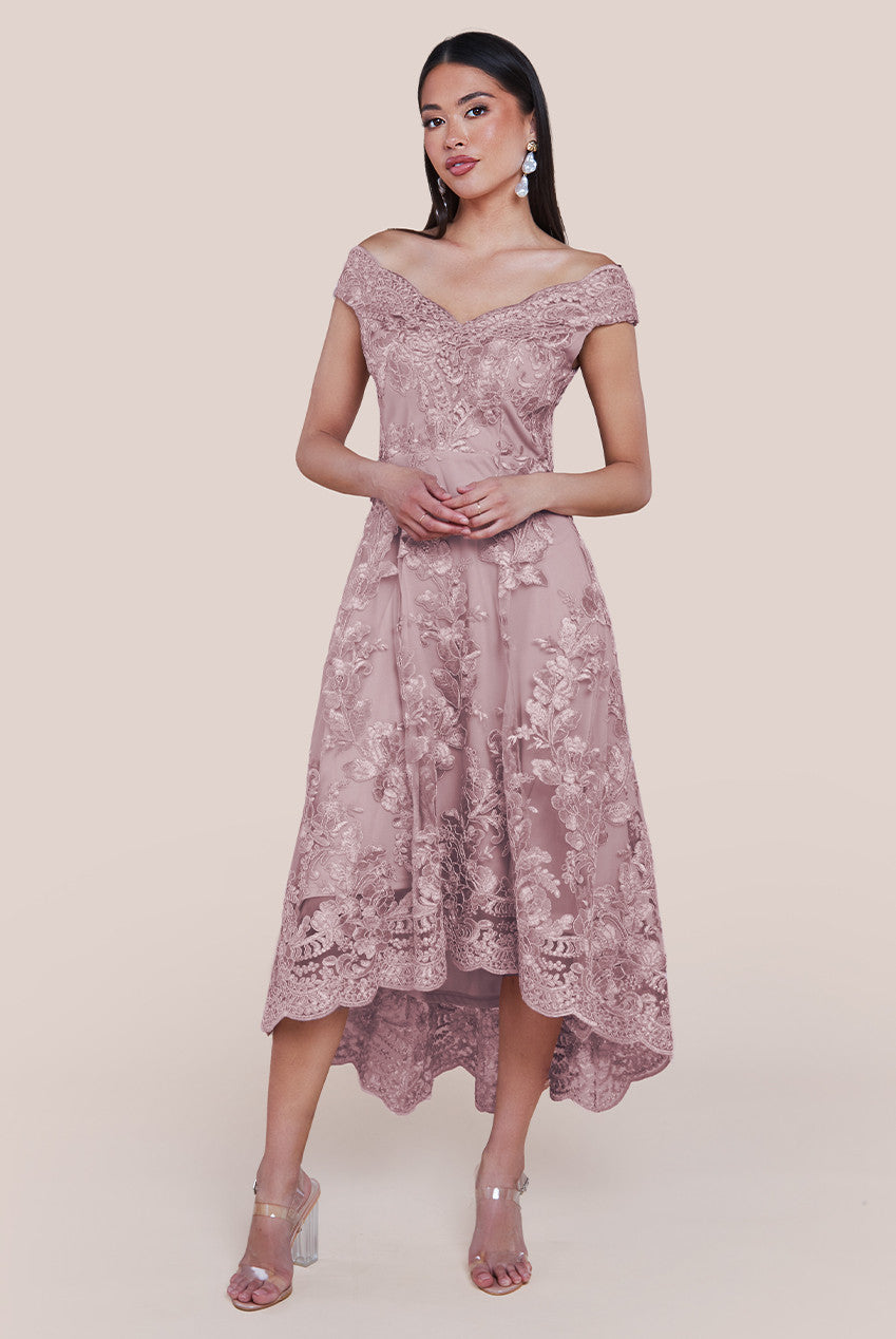 Goddiva Embroidered Lace Midi Dress With Asymmetrical Hem - Blush