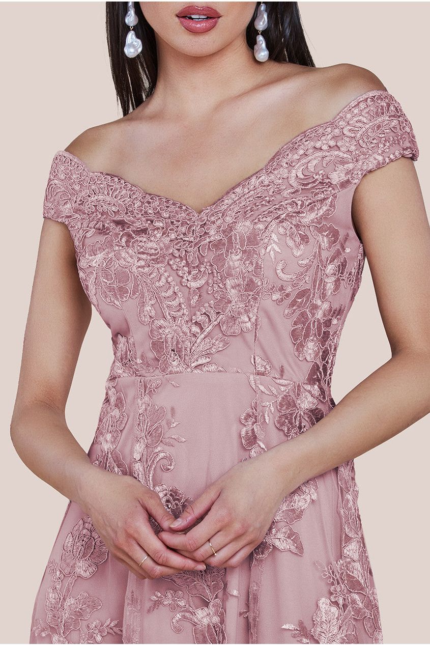 Goddiva Embroidered Lace Midi Dress With Asymmetrical Hem - Blush