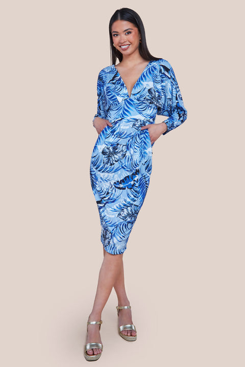 Goddiva Tropical Print Midi With Batwing Sleeves - Blue