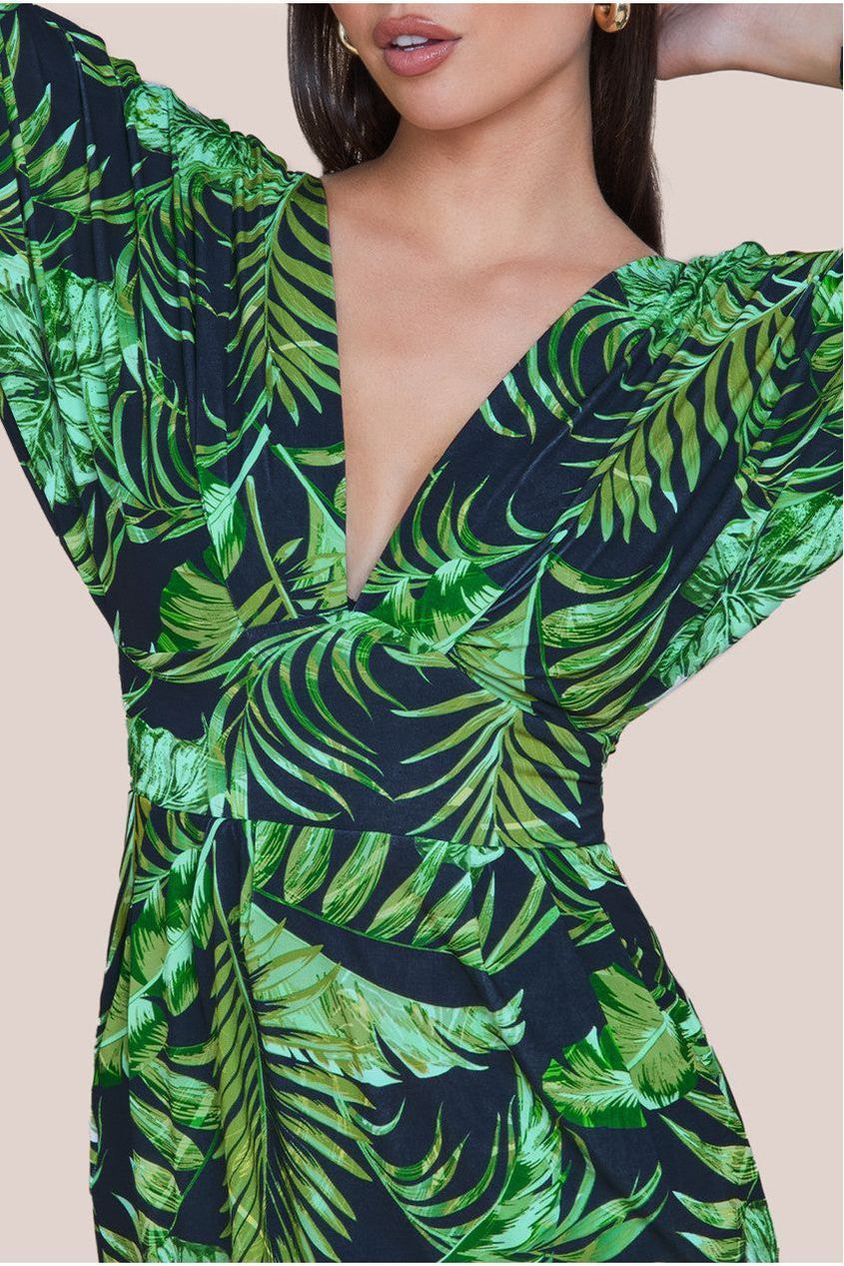 Goddiva Tropical Print Midi With Batwing Sleeves - Green