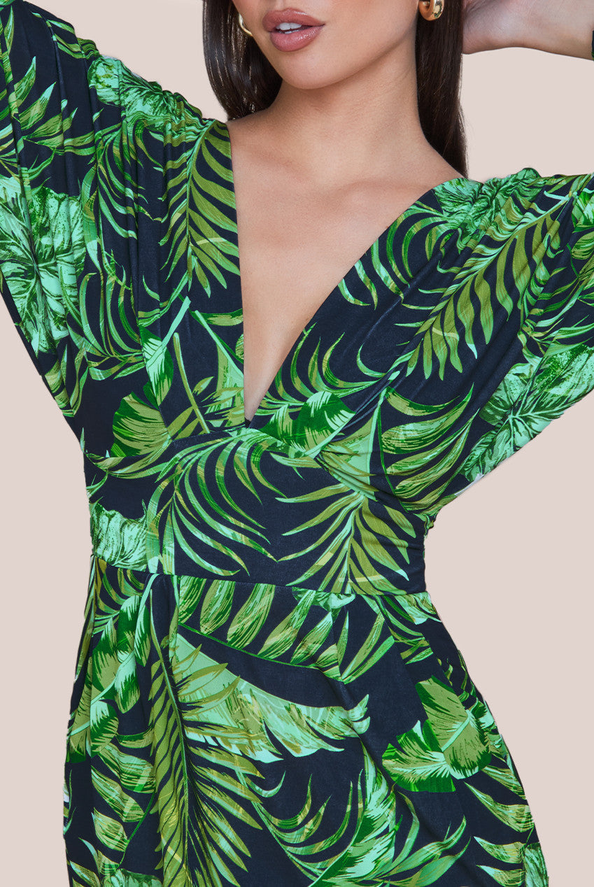 Goddiva Tropical Print Midi With Batwing Sleeves - Green