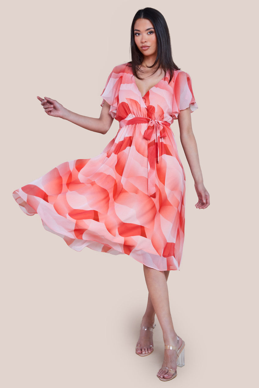 Goddiva Printed Flutter Sleeve Chiffon Midi Dress - Coral