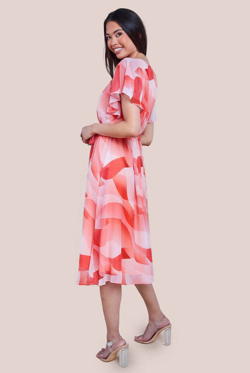 Goddiva Printed Flutter Sleeve Chiffon Midi Dress - Coral