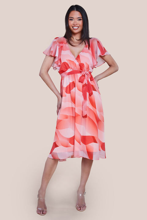 Goddiva Printed Flutter Sleeve Chiffon Midi Dress - Coral