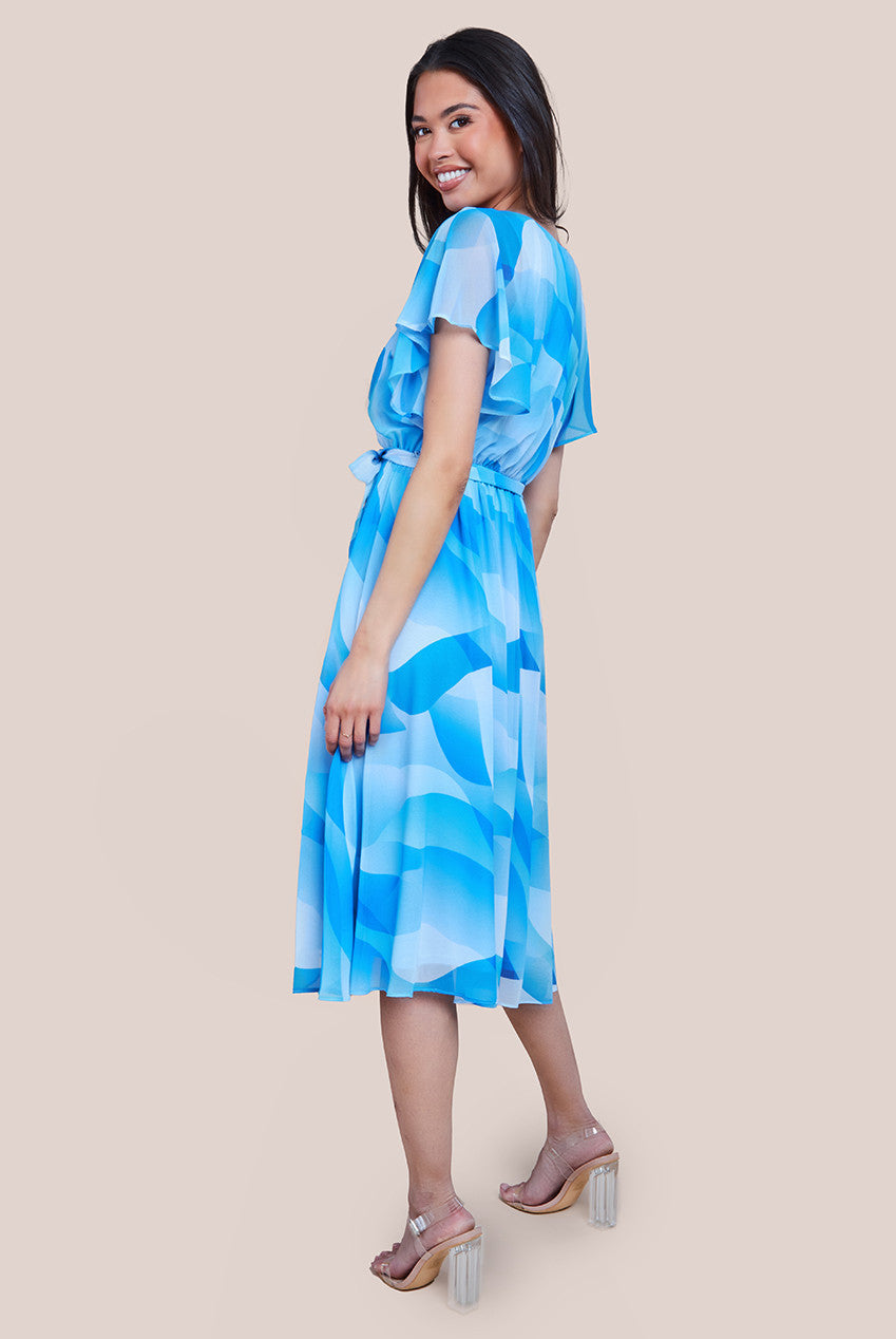 Goddiva Printed Flutter Sleeve Chiffon Midi Dress - Light Blue