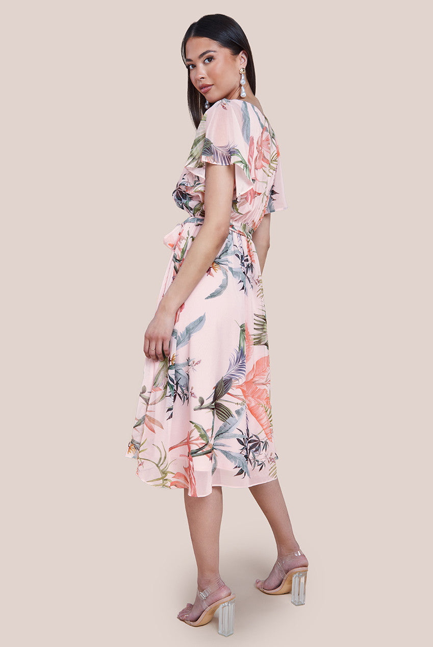 Goddiva Floral Printed Flutter Sleeve Chiffon Midi Dress - Off White