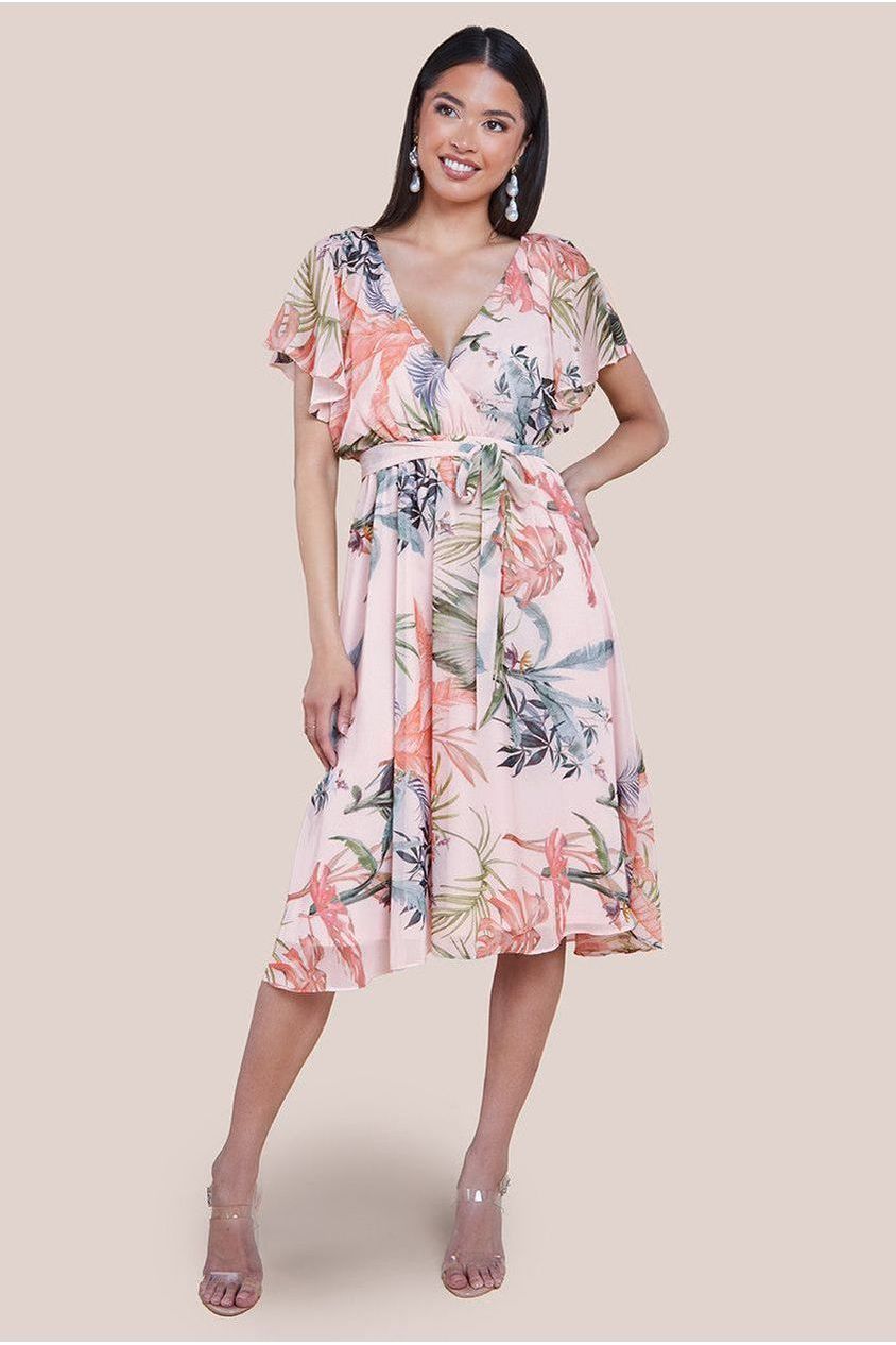 Goddiva Floral Printed Flutter Sleeve Chiffon Midi Dress - Off White