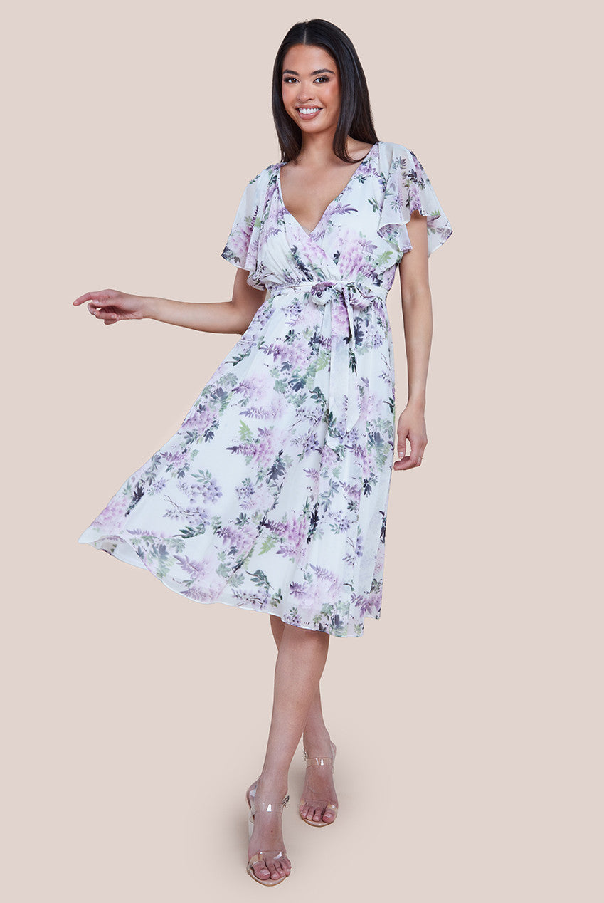 Goddiva Floral Printed Flutter Sleeve Chiffon Midi Dress - Cream