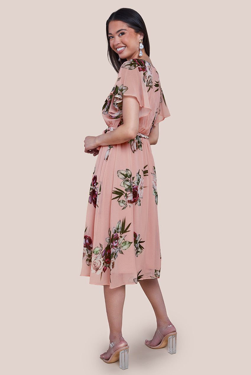 Goddiva Floral Printed Flutter Sleeve Chiffon Midi Dress - Peach