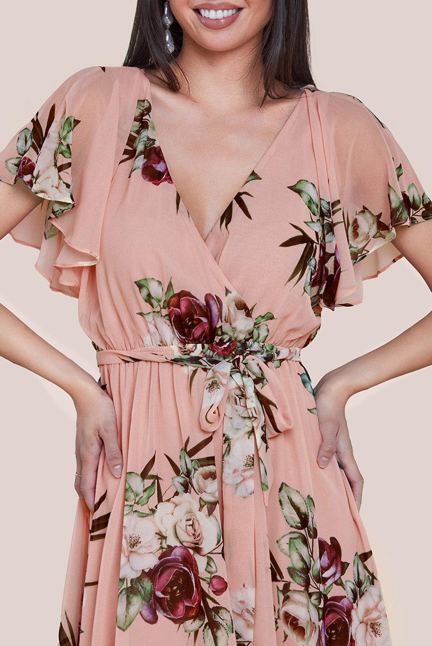 Goddiva Floral Printed Flutter Sleeve Chiffon Midi Dress - Peach