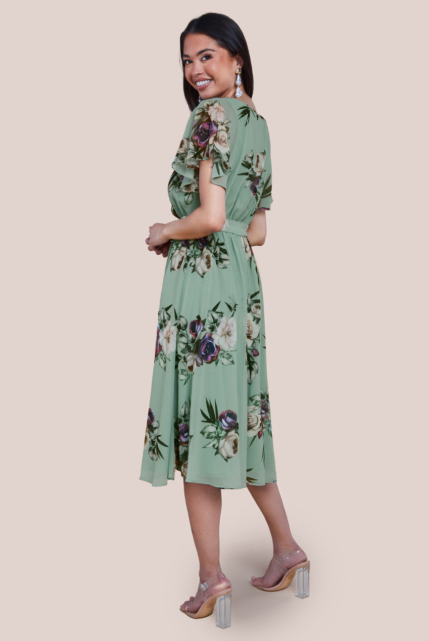 Goddiva Floral Printed Flutter Sleeve Chiffon Midi Dress - Sage Green