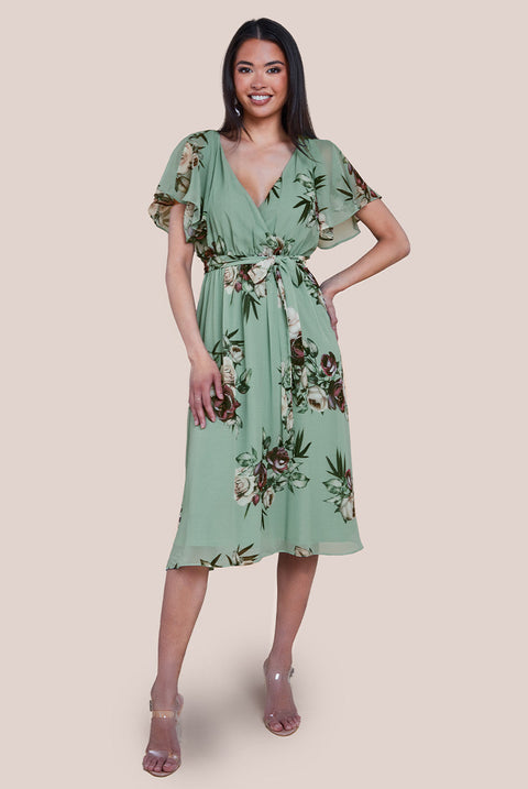 Goddiva Floral Printed Flutter Sleeve Chiffon Midi Dress - Sage Green