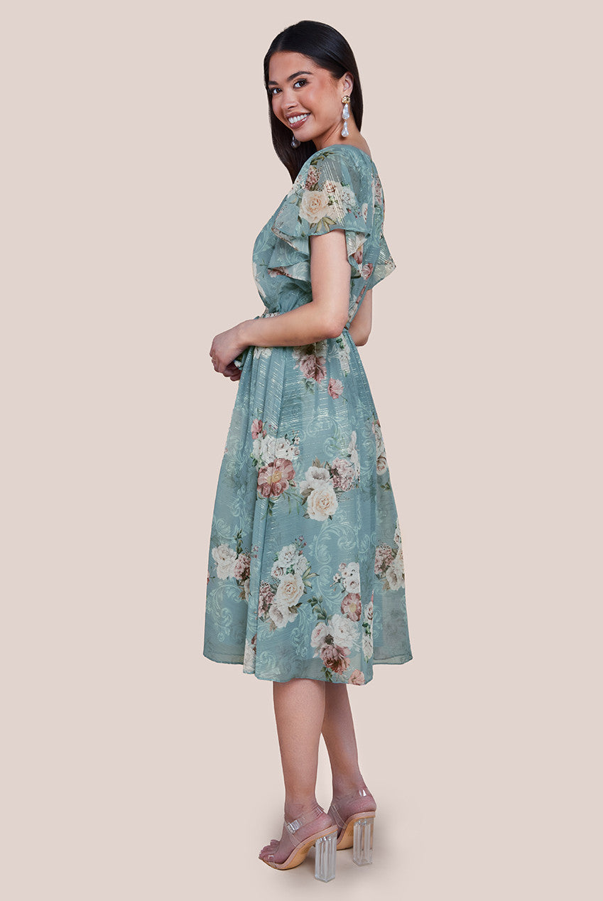 Goddiva Printed Lurex A-Line Flutter Sleeve Midi Dress - Airforce Blue