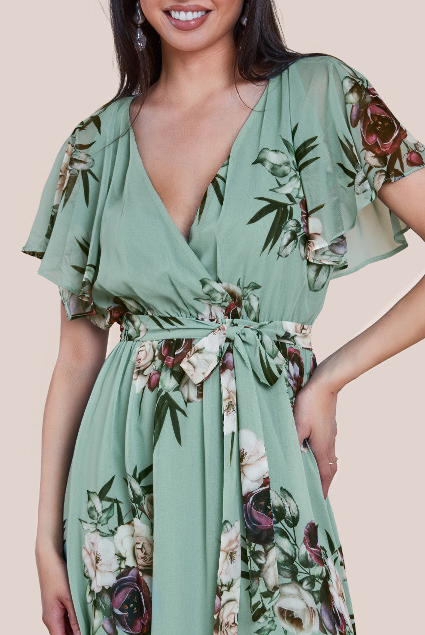 Goddiva Floral Printed Flutter Sleeve Chiffon Midi Dress - Sage Green