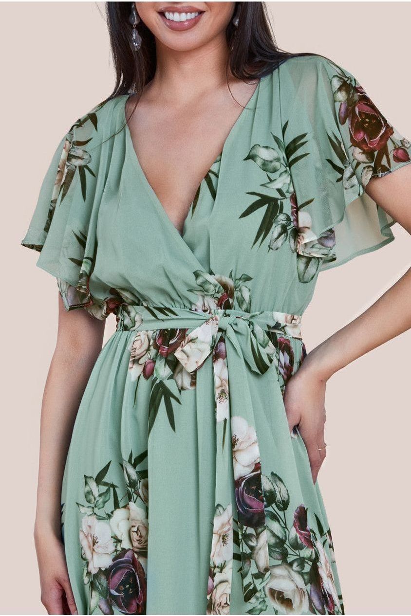 Goddiva Floral Printed Flutter Sleeve Chiffon Midi Dress - Sage Green